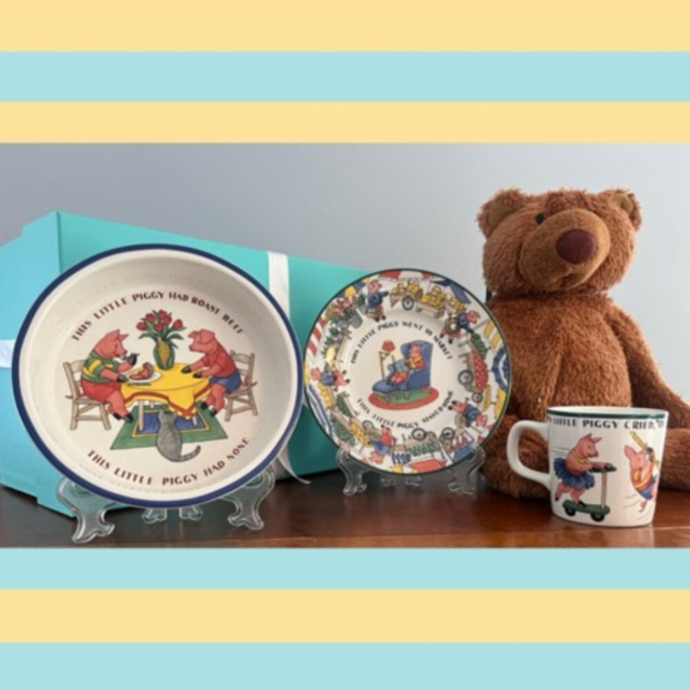3 Piece Tiffany Baby Dish Set /EUC "Five Little Pigs Collection" w/ Tiffany Box
